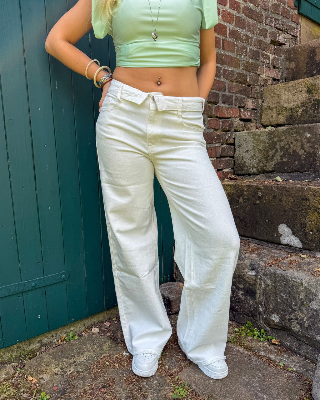 Queen Hearts Fold Over Jeans - Wit