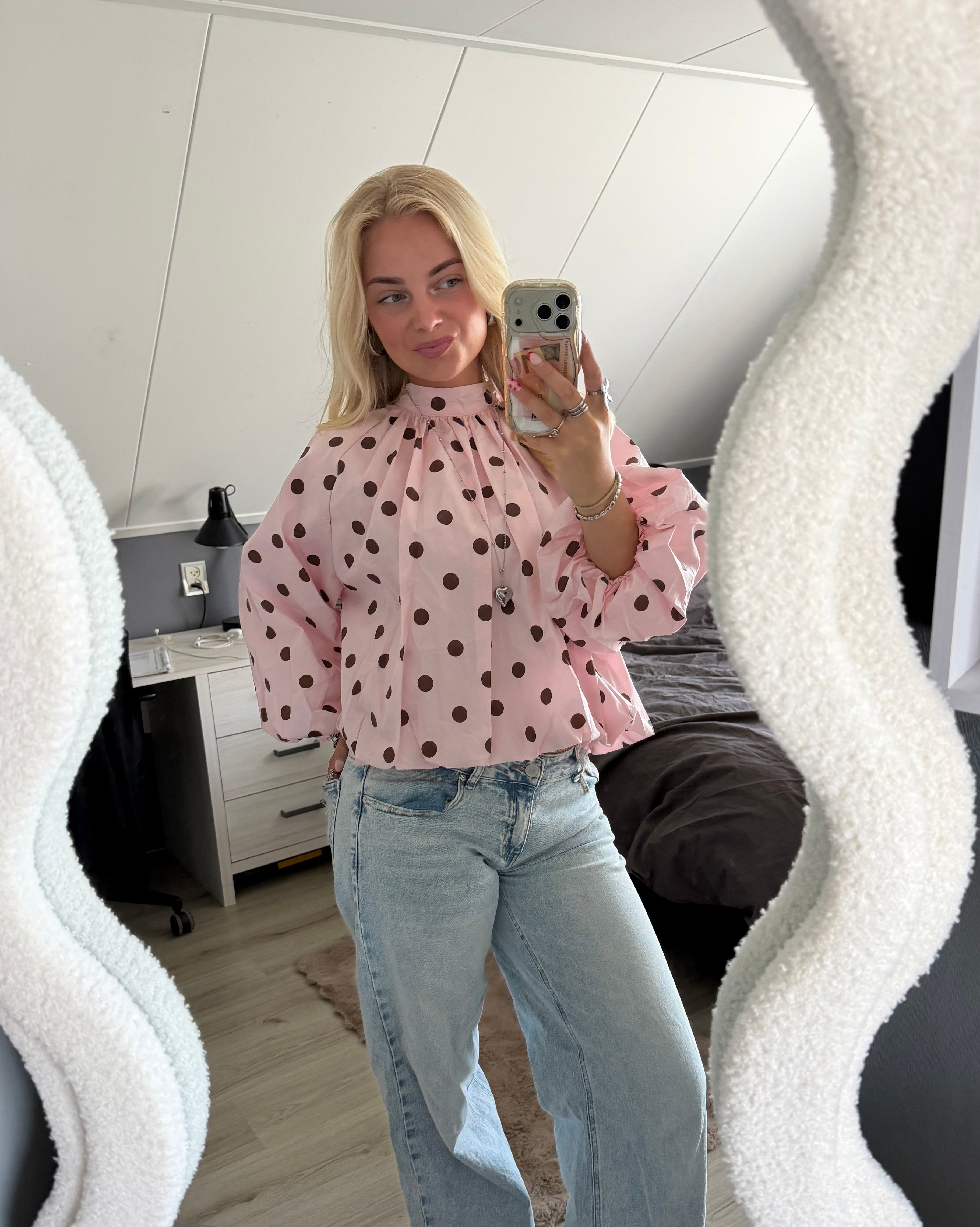 Vivian Bow Top - Polka Dot Roze